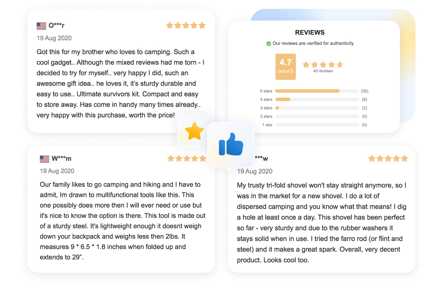 Examples of customer reviews you can import from Sellvia to your dropshipping website.