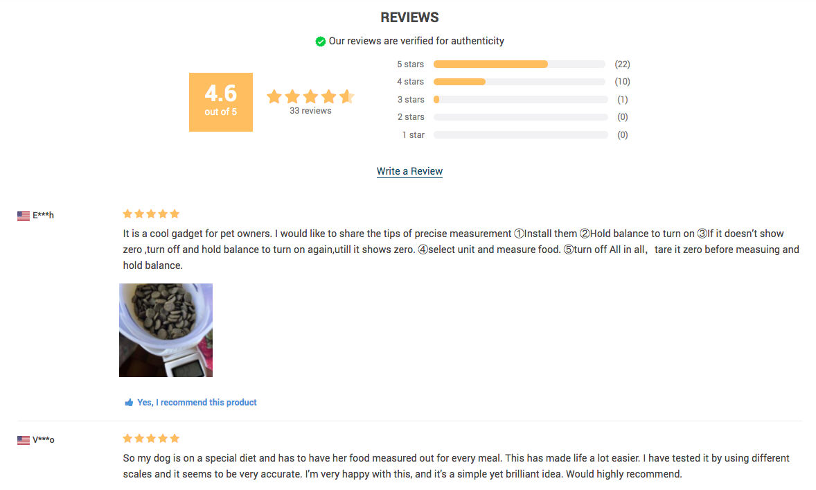 An example of a product page Reviews section helpful to a first-time business owner