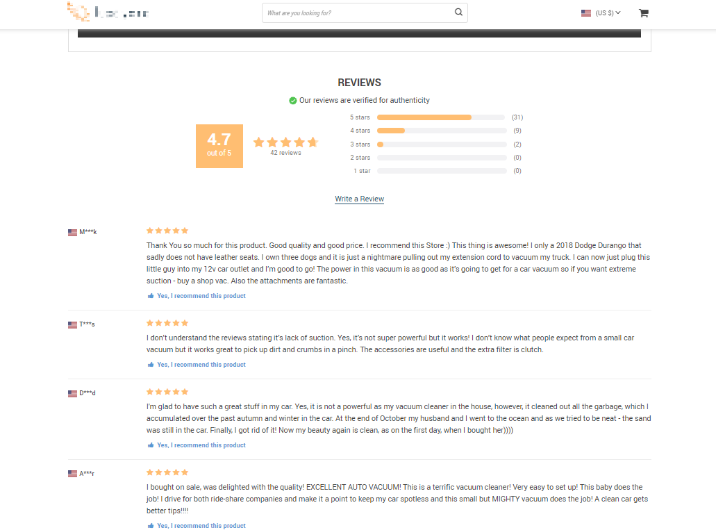 a screenshot proving that each product Sellvia offers has a ready-to-use feedback section