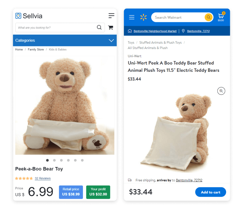 a picture showing how much similar items cost on Sellvia and Wallmart