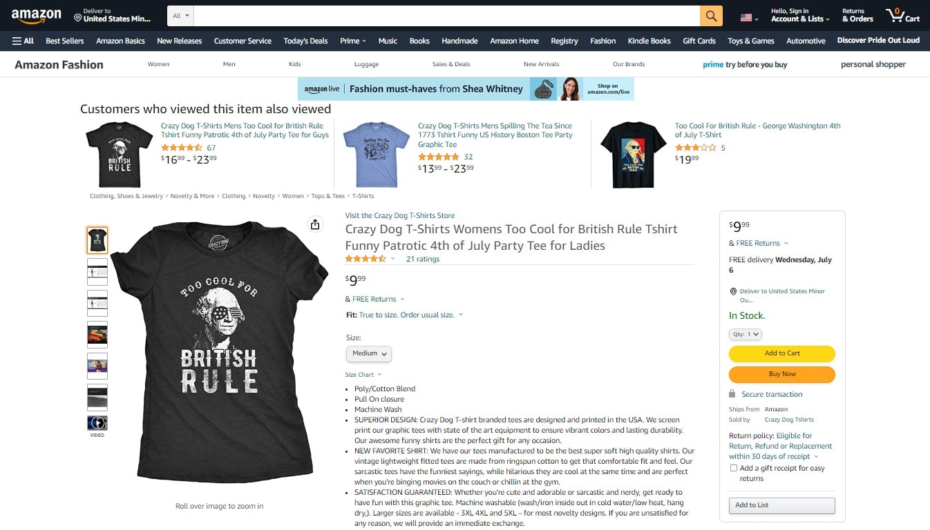 a picture showing a store selling t-shirts through amazon and making millions of dollars