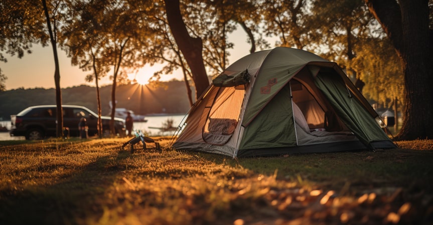 Picture of a camping tent with a sunset