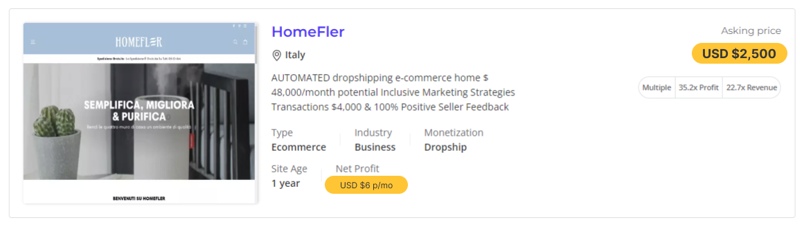 a screenshot introducing the HomeFler store with its cost and business value