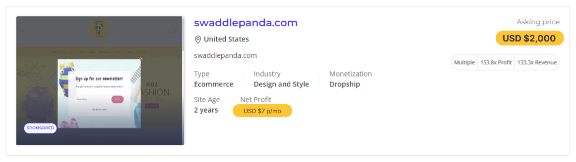 a picture showing the swaddlepanda store for sale with its cost and business value