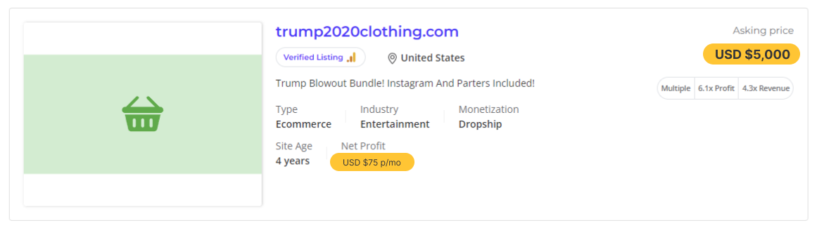 a picture showing the trump2020clothing store for sale with its cost and business value