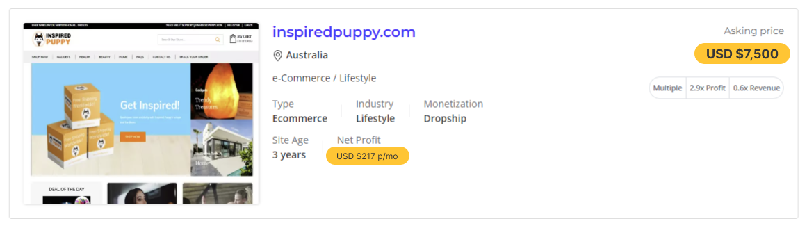 a picture showing the inspiredpuppy store for sale, how much it costs and potentially brings