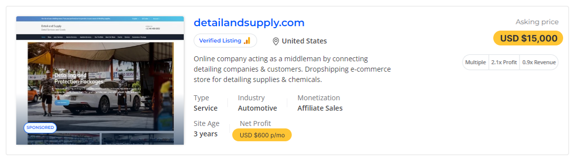 a picture showing a detailandsupply store sold on flippa