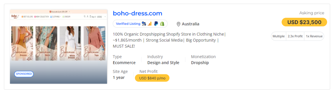 a picture showing the boho-dress store for sale with its cost and business value