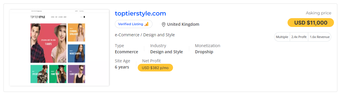 a screenshot introducing the toptierstyle online store on flippa you can buy and grow 