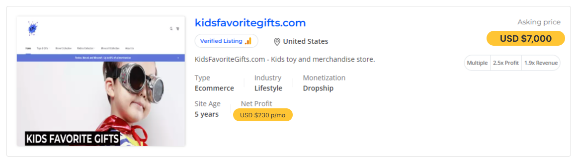 a picture showing the kidsfavoritegifts store for sale with its cost and value
