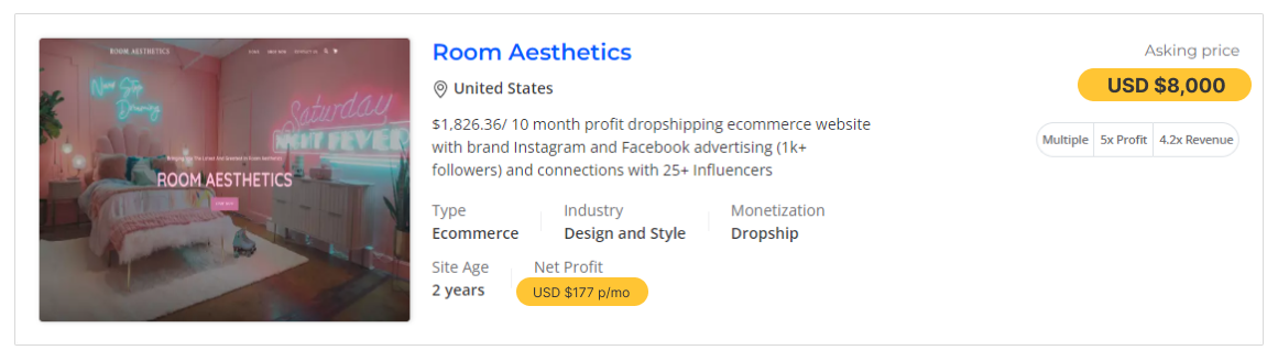 a picture showing the roomaesthetics store for sale with its cost and business value