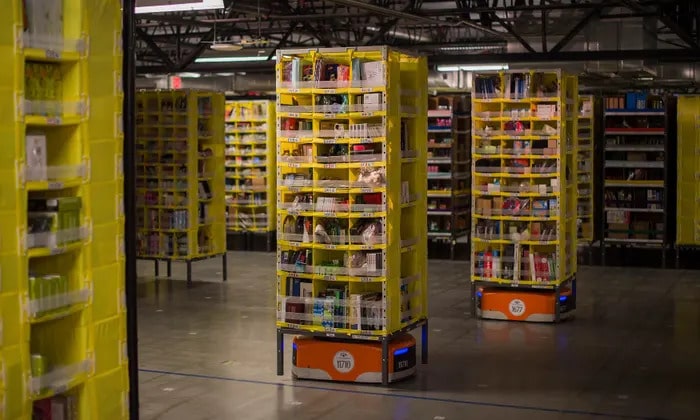Photo of Amazon robots moving shelves around
