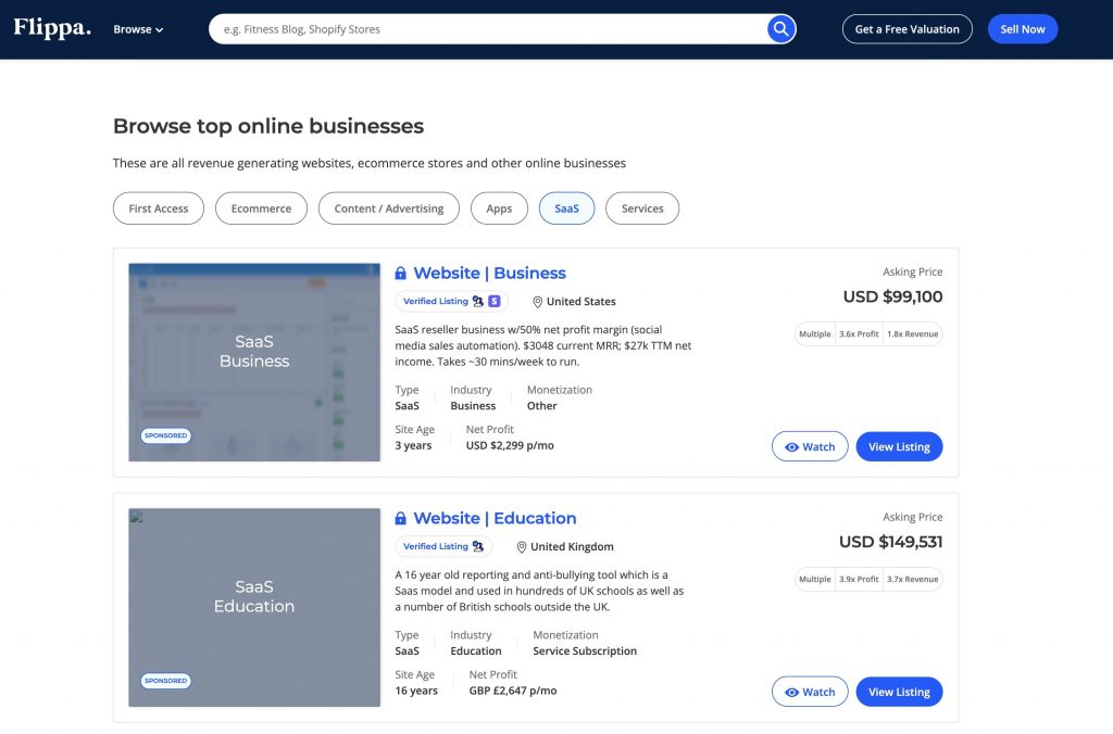 a picture showing the Flippa platform with dropshipping businesses for sale