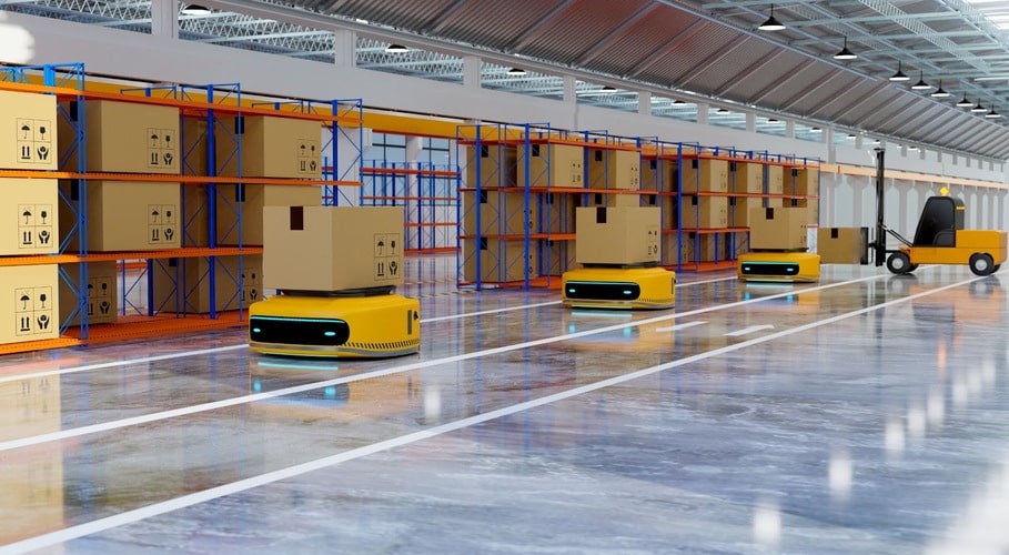 Picture showing robots moving boxes inside a warehouse