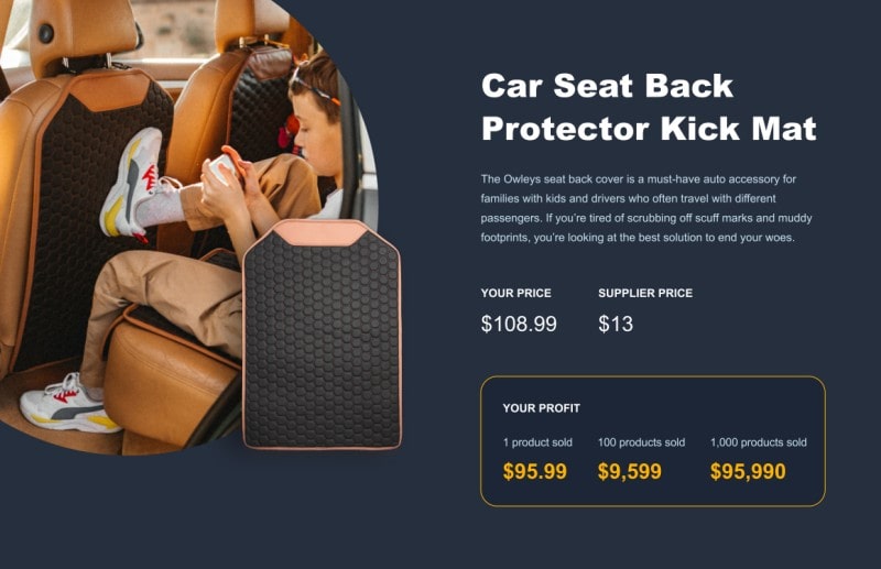 Picture showing a car seat back protector mat product for dropshipping