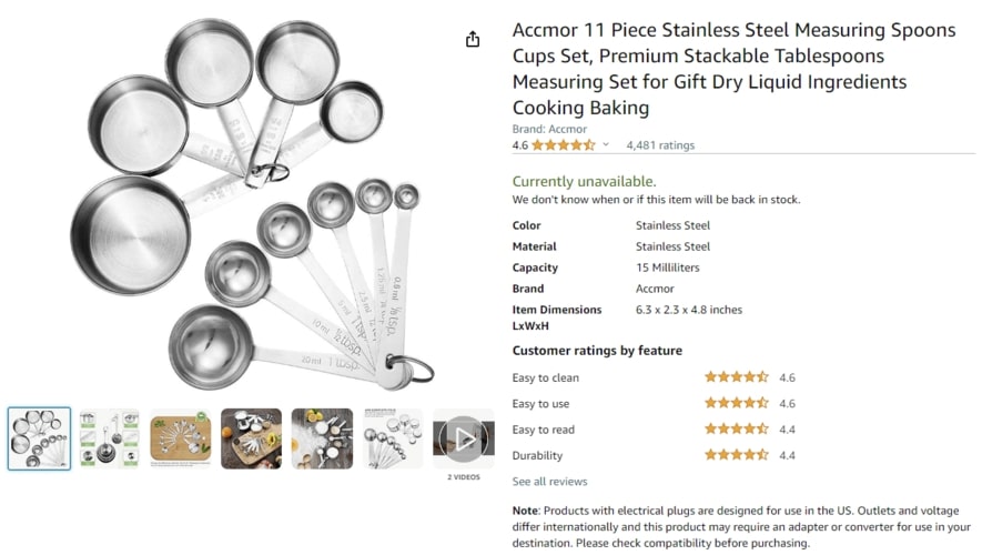 Accmor product screenshot measuring spoons