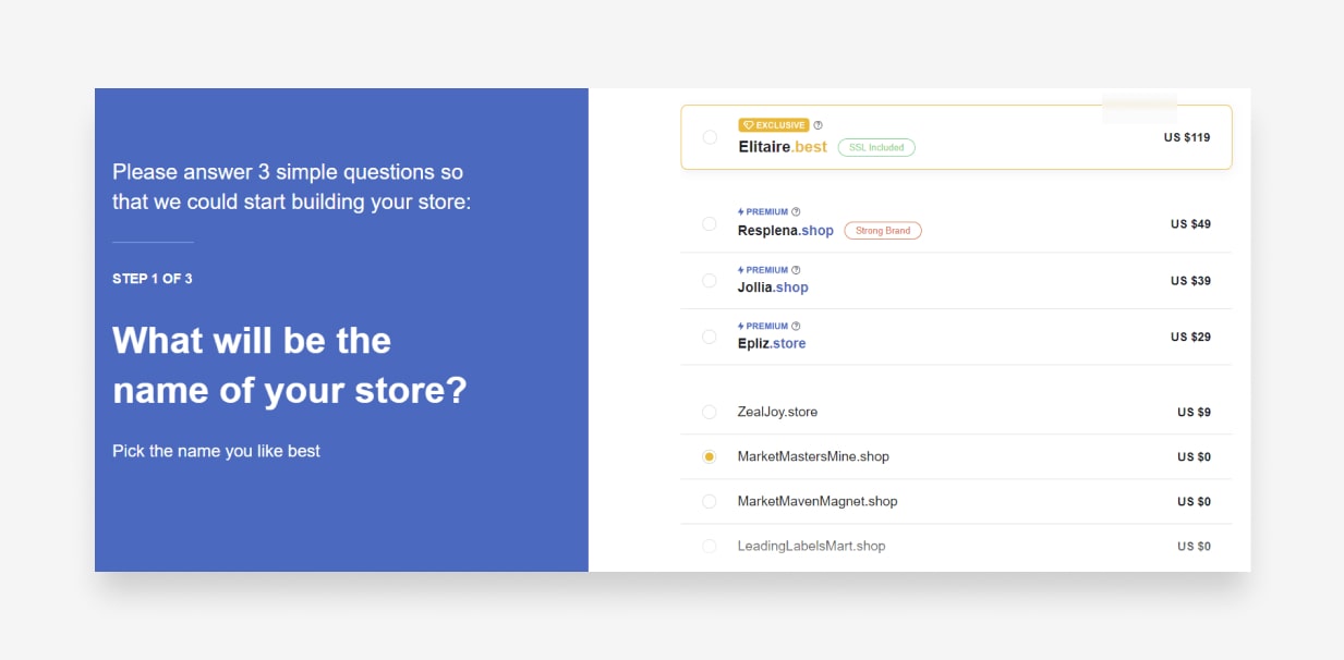 Screenshot of the first step: Choose your store name