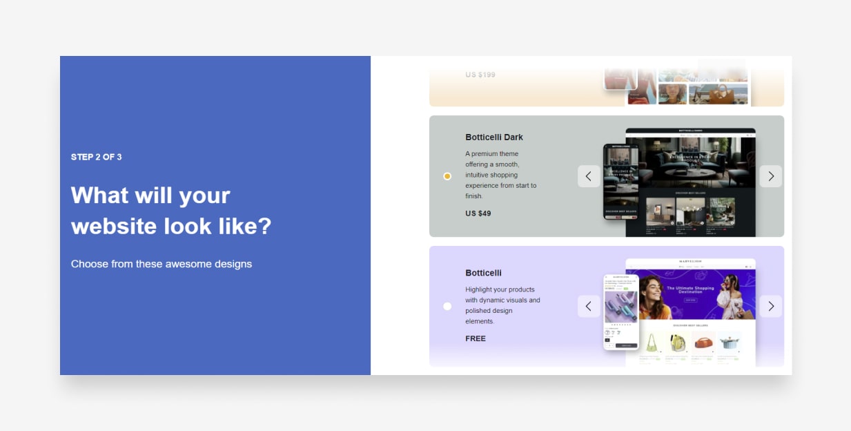 Screenshot of the second step: Pick tour store theme.