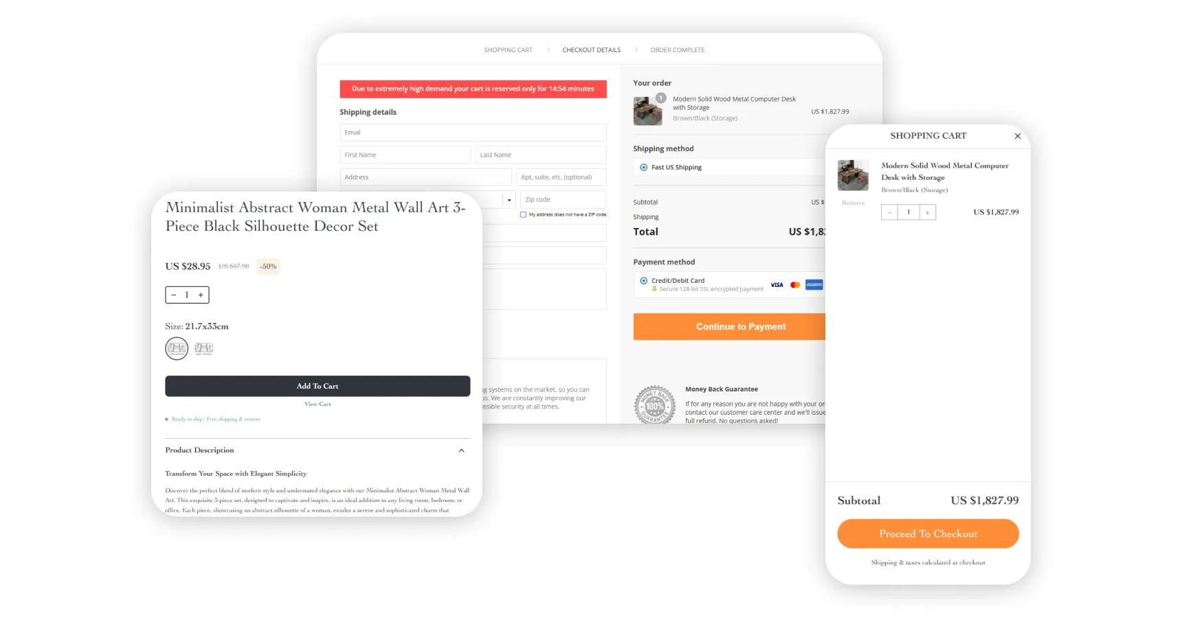 Screenshots of checkout in a Sellvia store for the article on conversion optimization for ecommerce website