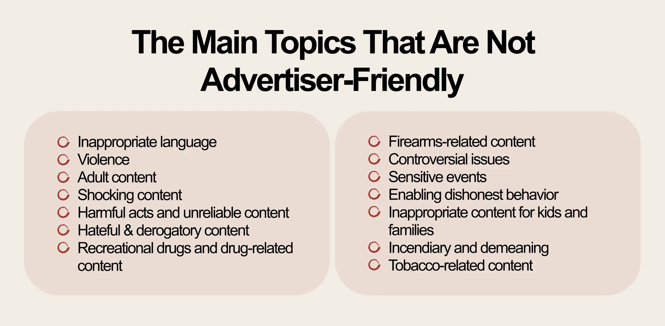 The main topics that are not advertiser-friendly for an article that covers how much YouTube pays per view