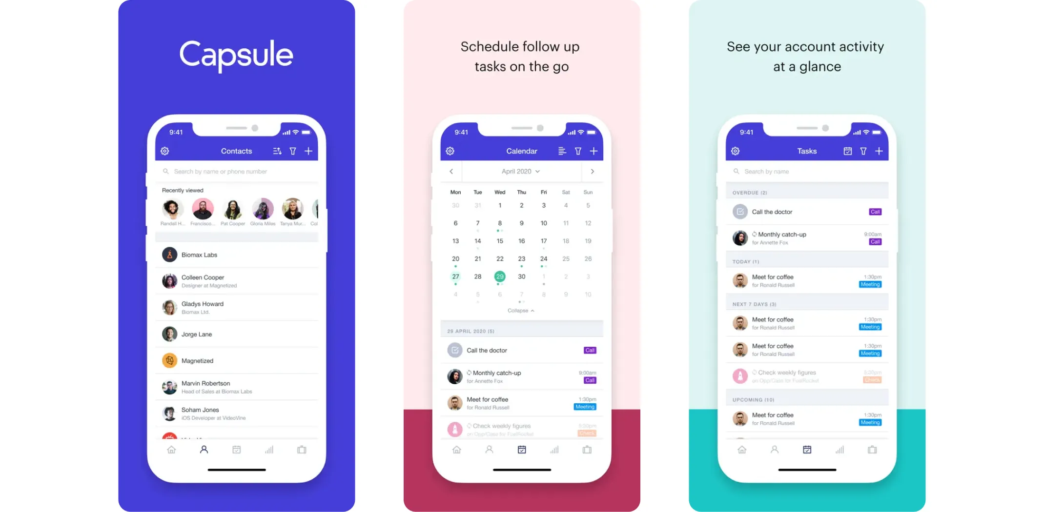 Images of the Capsule CRM app for the best apps for small business article