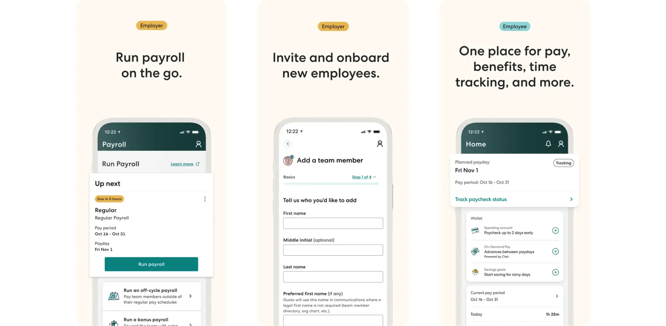 Images of the Gusto app for the best apps for small business article