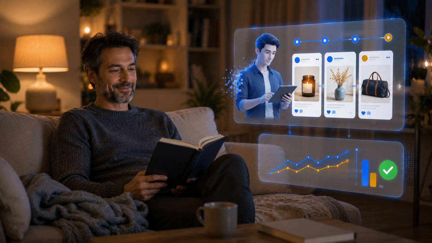 An AI creator handling social media marketing for an online store while the owner relaxes.