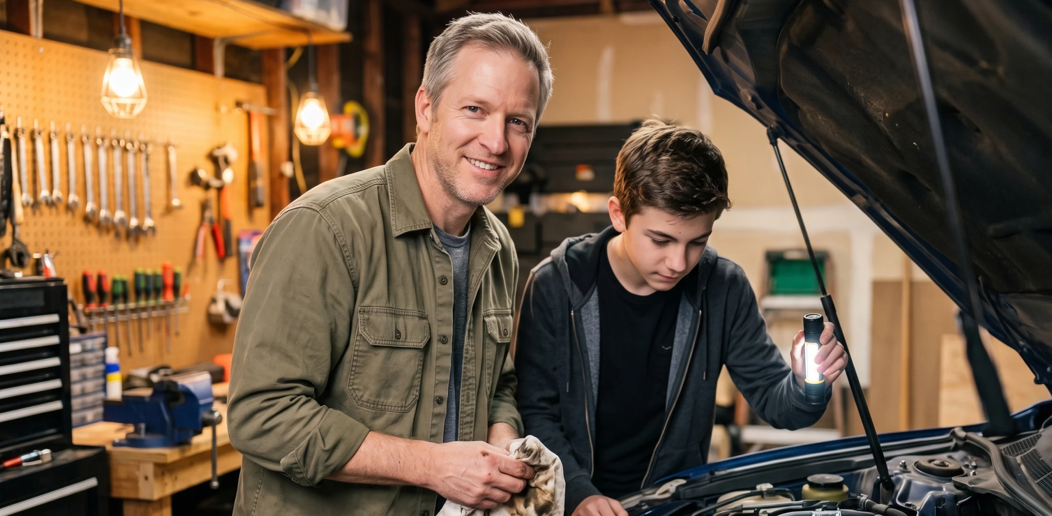 a father and son splitting a car savings goal across shifts