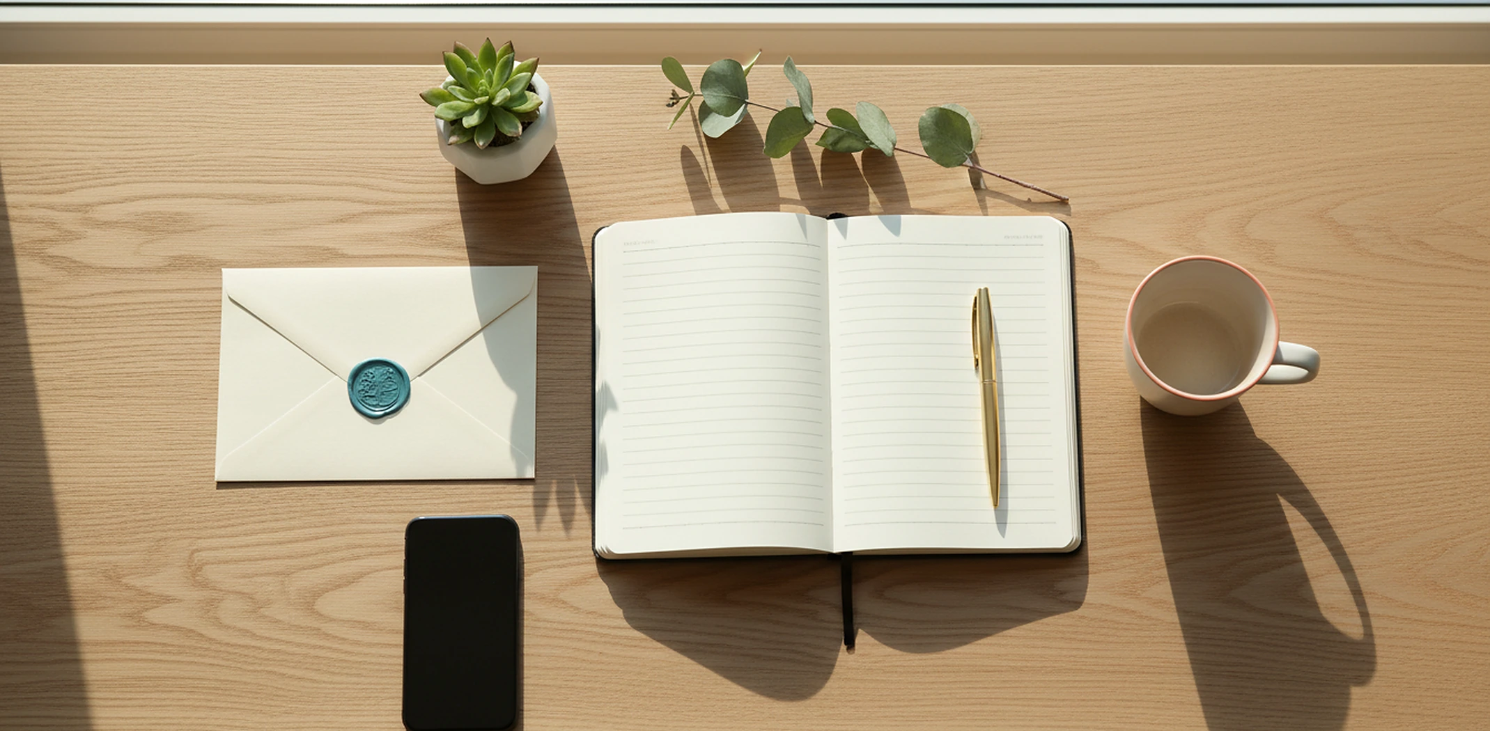 Notebook, pen and sealed envelope on a light desk, ready for a grant application