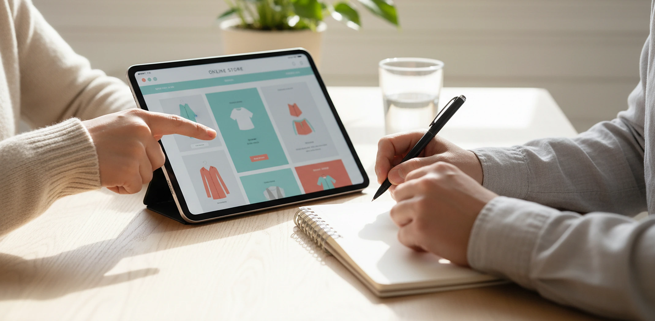 Two people reviewing an online store design on a tablet together