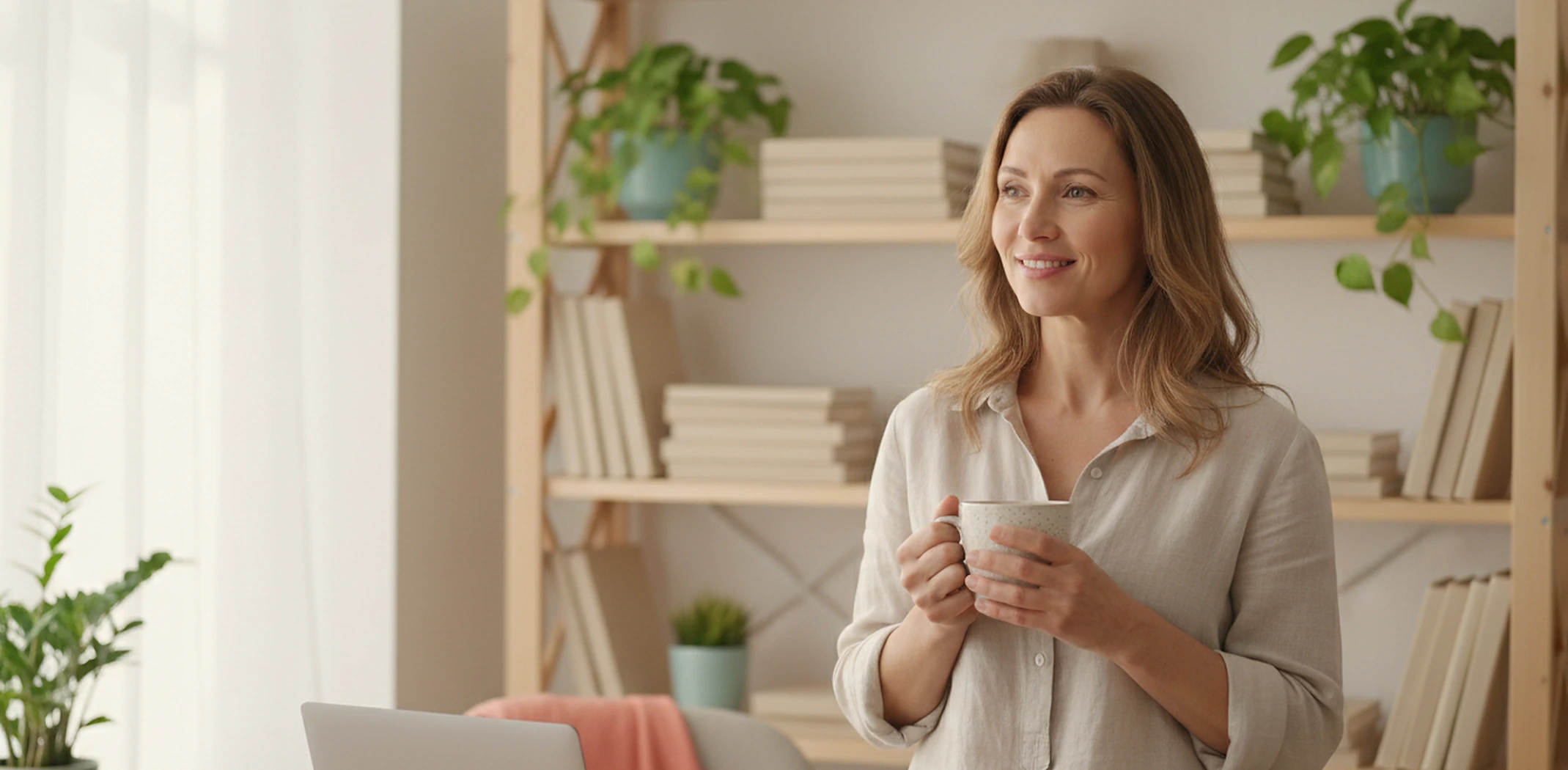 Smiling store owner with a coffee mug in her bright home studio